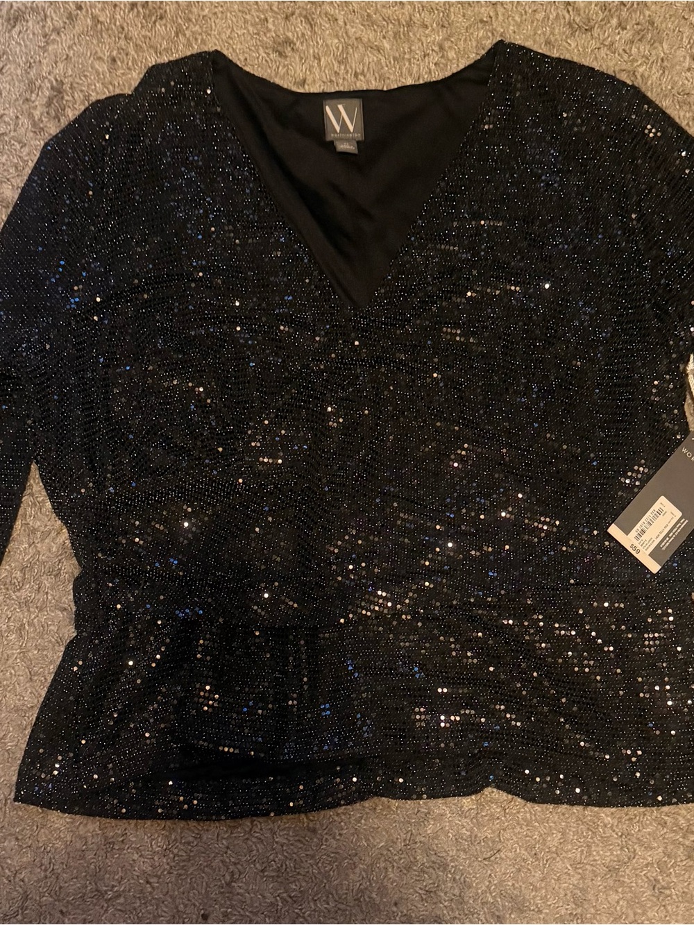 W by Worth Black Sequin V-Neck Peplum Long Sleeve Top